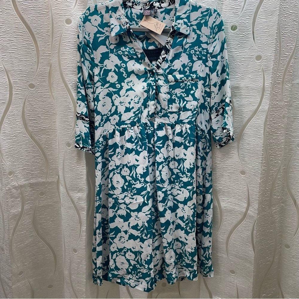 Little Miss By Captain‎ Tortue Teal Floral Print Shirt Dress Midi Size M